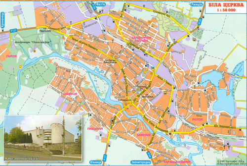 Подробная карта автодорог г. Белая Церковь с названиями улиц. Масштаб 1:50 000